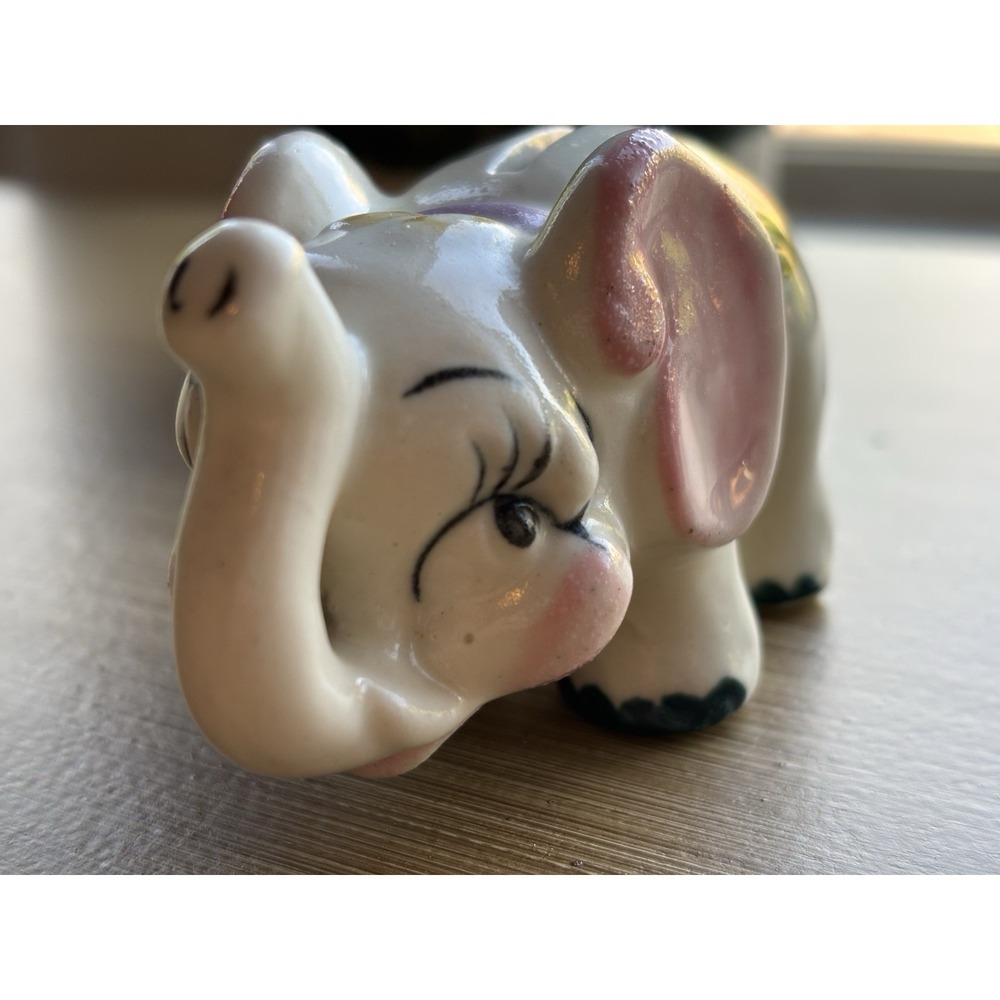 Vintage Whimsical Mini Elephant Nursery Piggy Bank Kitschy Ceramic Hand Painted
